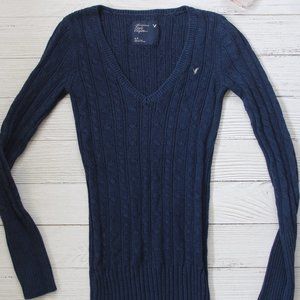 Navy Blue Slim Fit Cable Knit Sweater